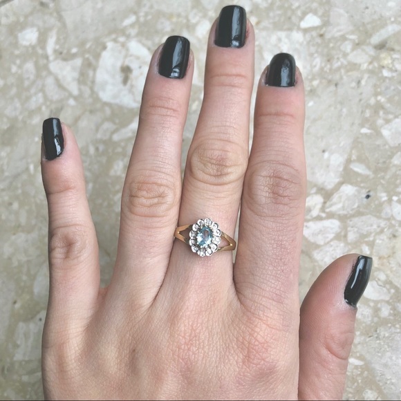 Sky Blue Topaz & Flower Diamond Halo Gold Ring - Picture 2 of 8